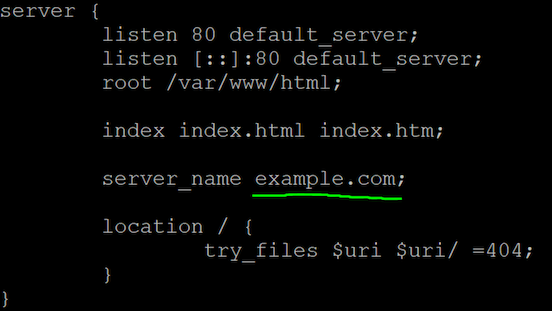 Nginx configuration file with server name marked